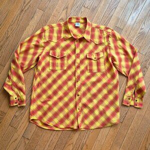 Vintage Long Sleeve Pearl Snap Western Shirt Large Red Orange Plaid